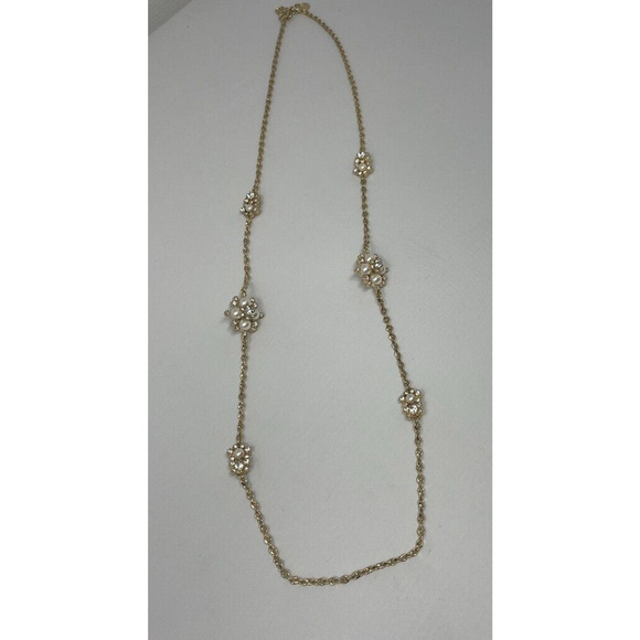 CHARTER CLUB Gold-Tone Crystal Filigree & Imitation Pearl Necklace Long - Picture 1 of 6